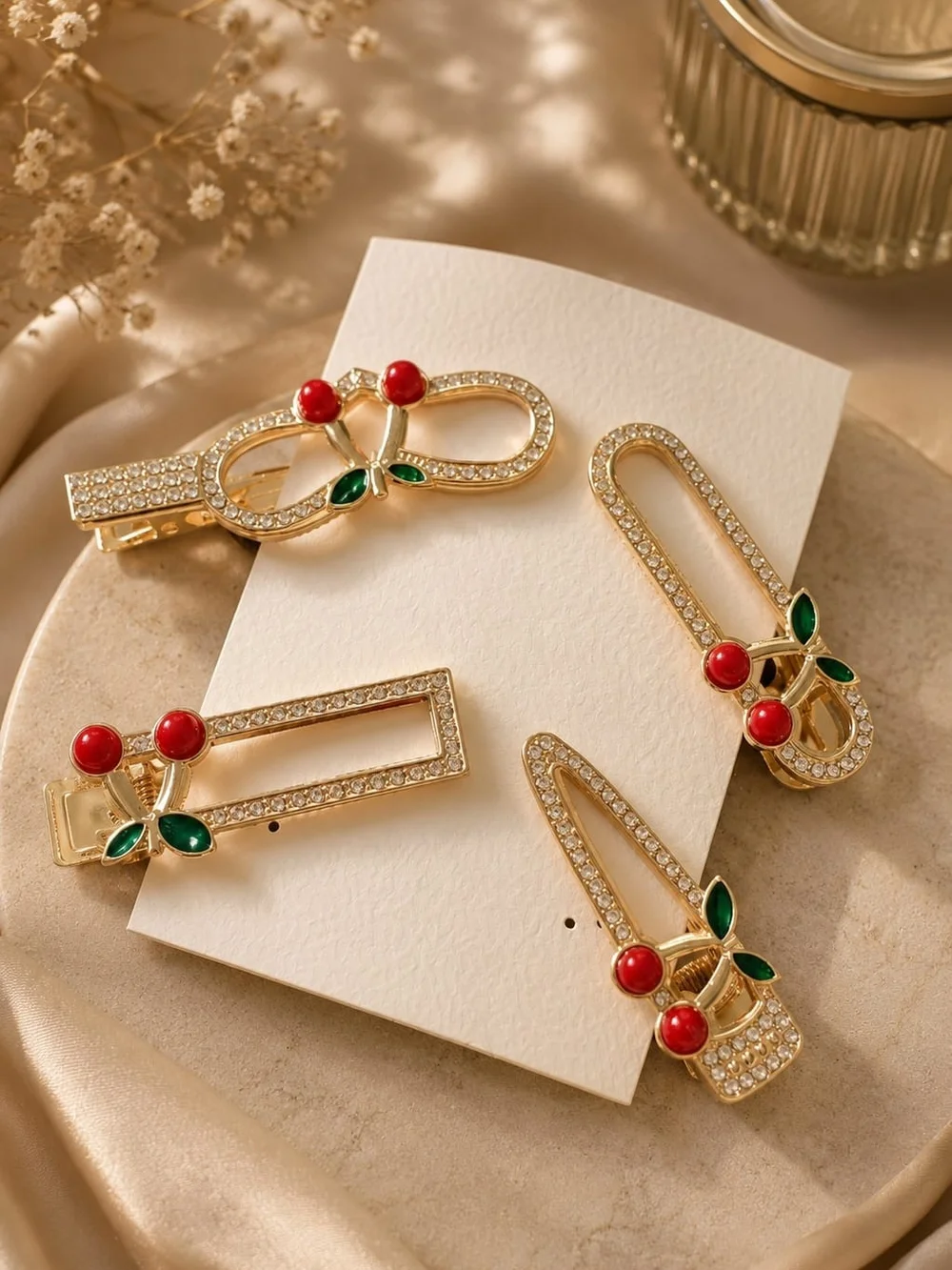 Set of 4 Gold Tone Alloy Cherry Hair Clips with Rhinestone Accents